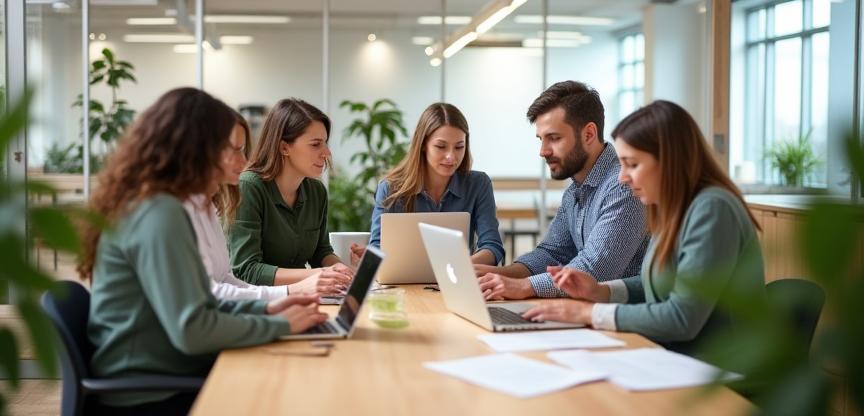 NutriWell nutritionists collaborating in a modern office