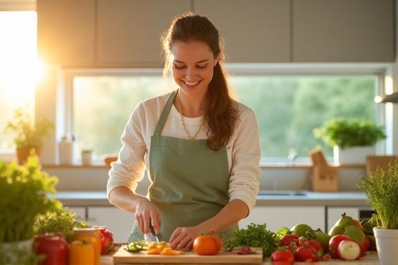 Client happily preparing fresh food in kitchen