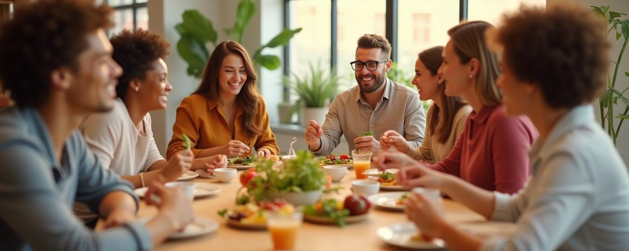Happy, diverse clients seated around a table enjoying nutritious food